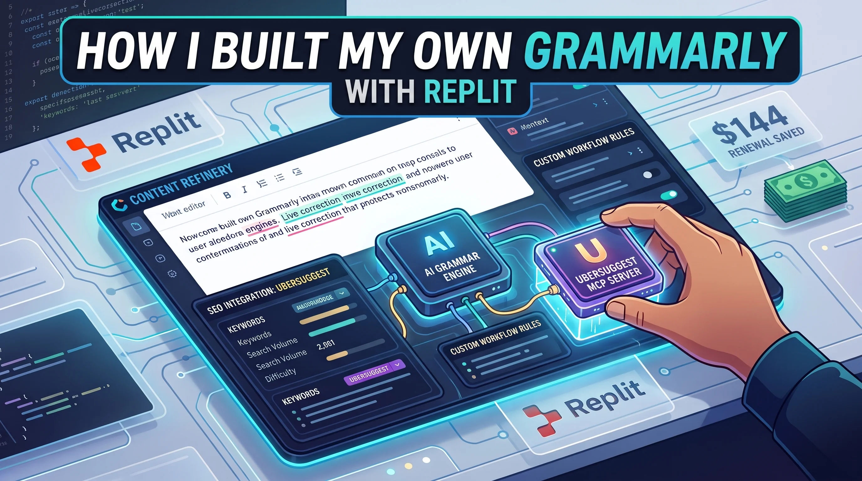 Content Refinery application dashboard titled "How I Built My Own Grammarly With Replit" displaying an AI grammar editor, Ubersuggest MCP server integration module, Replit logo, and a $144 renewal saved icon.