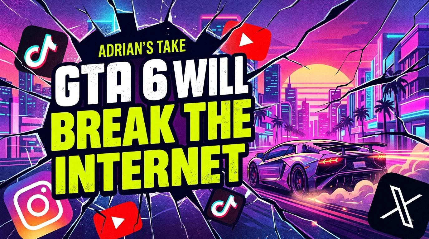 Vibrant synthwave illustration for GTA 6 Will Break The Internet blog post featuring a sports car in Vice City surrounded by social media logos