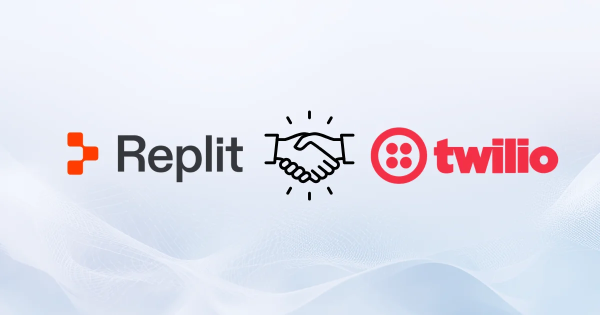 Replit and Twilio logos joined by a handshake icon for automated SMS crypto alert setup